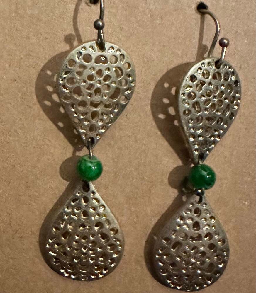 Vintage Style 925 Sterling Silver Green Chalcedony & Marcasite Dangle Earrings